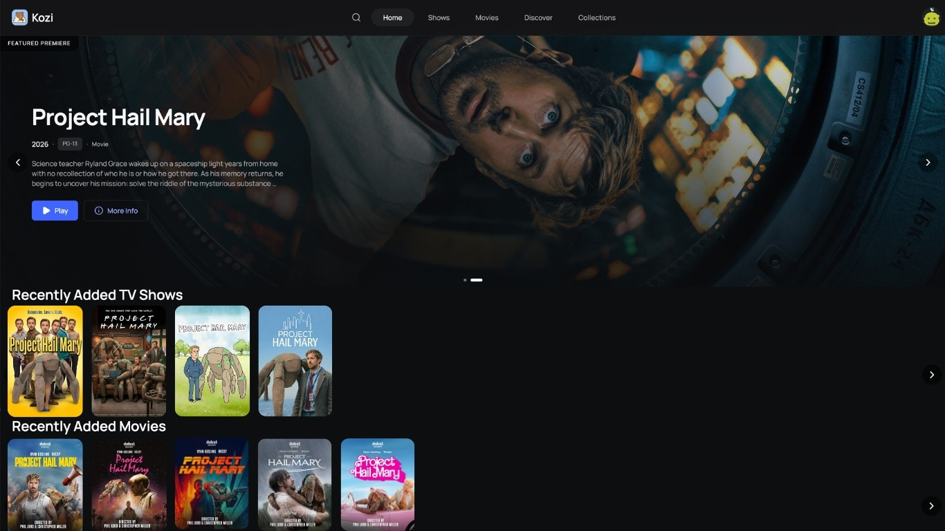Kozi desktop interface showing the home screen with featured content and library rows